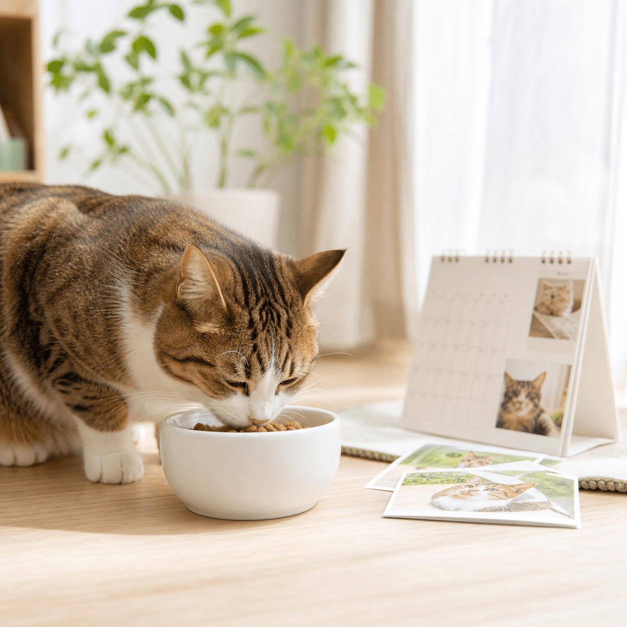 ごはんを食べる猫とカレンダー、写真