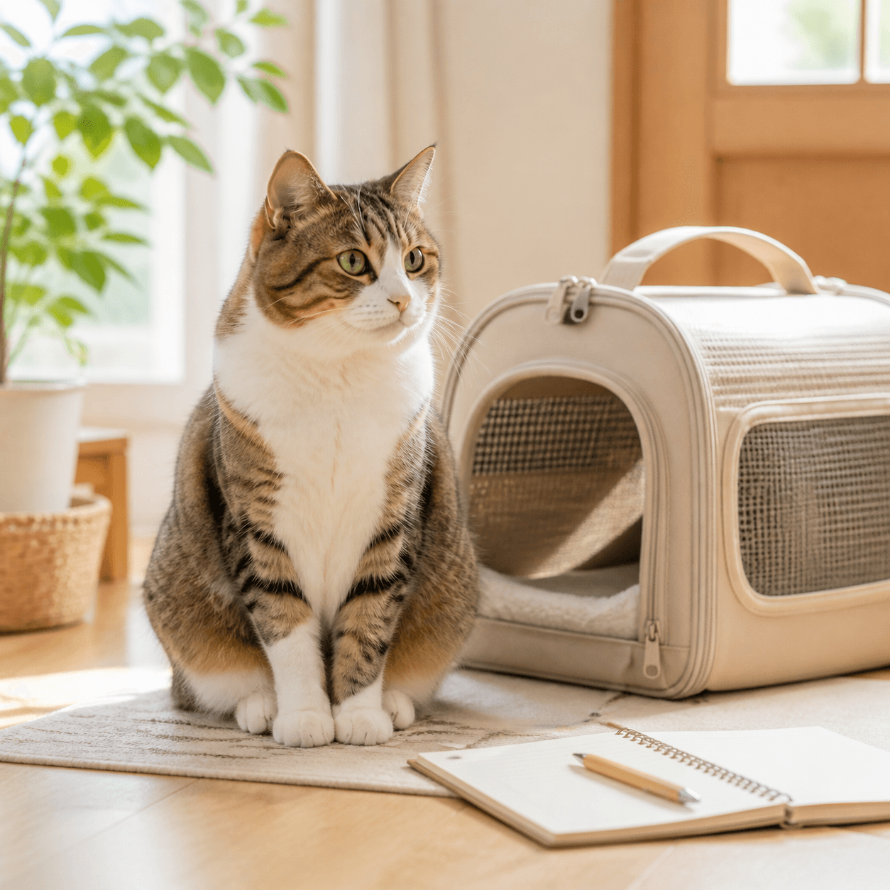 キャリーバッグとメモ帳のそばに座る猫